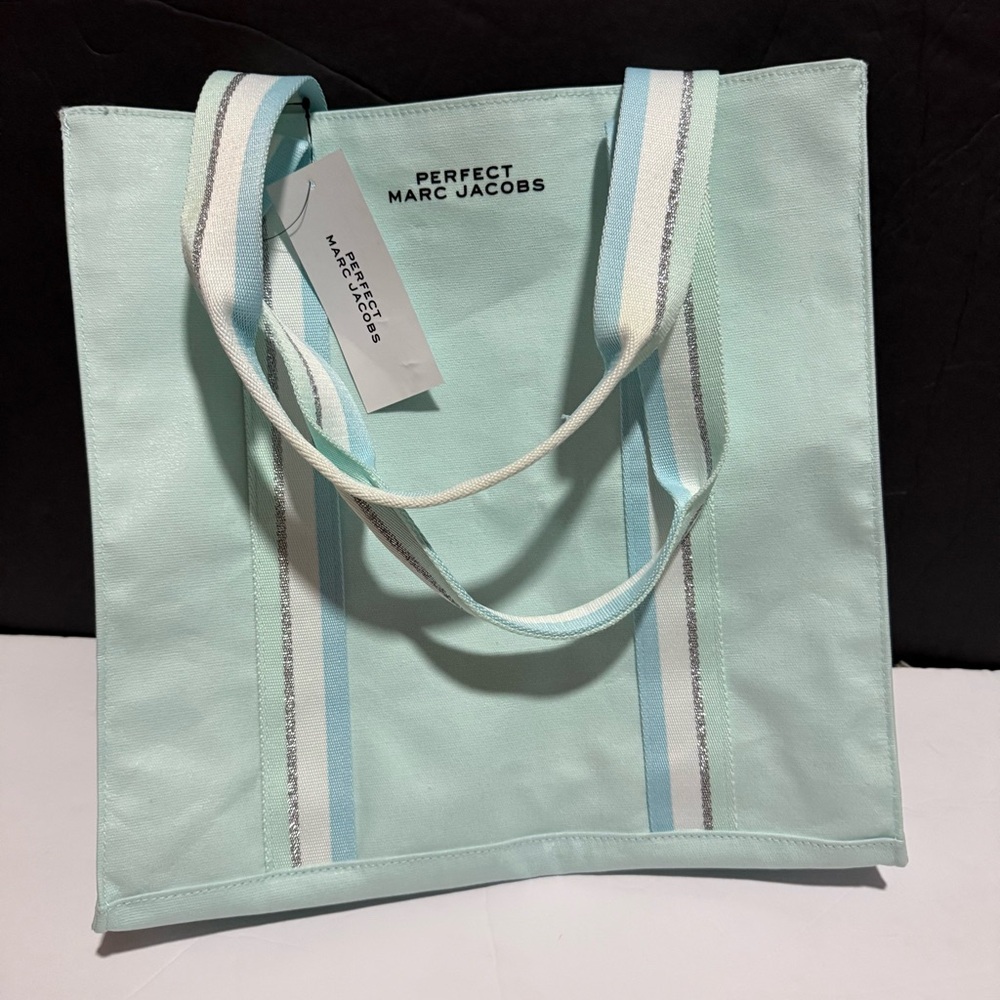 Marc Jacobs “Perfect” Tote Aqua Blue New NWT Sparkly Silver Stripe On Strap